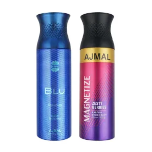 Ajmal Blu Homme for Men and Magnetize for Men & Women Deodorants each 200ML Combo pack of 2 (Total 400ML) (Model Number: Blu_Magn_Deo)