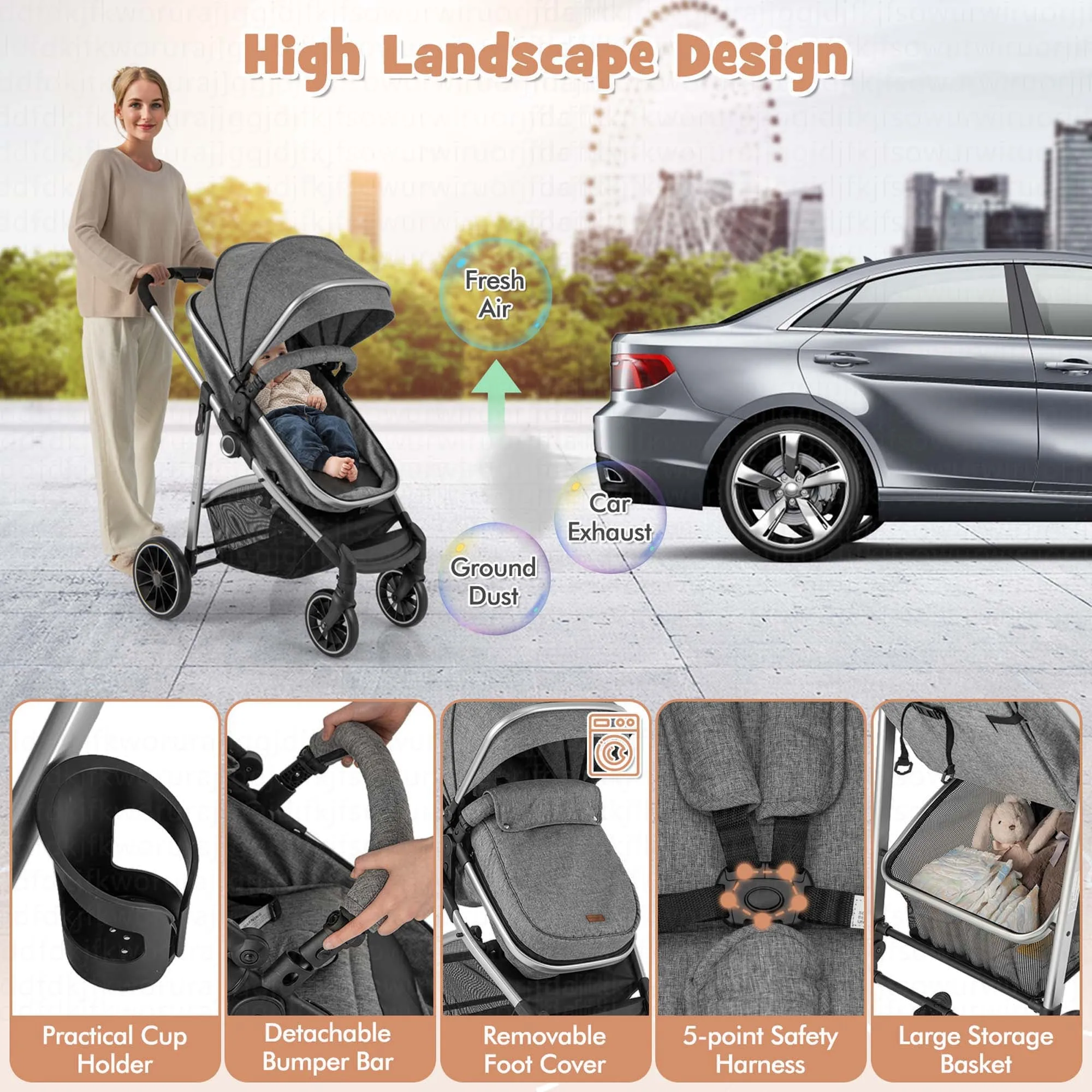 Babyjoy 2 in 1 Convertible Baby Stroller High Landscape Infant Stroller Grey