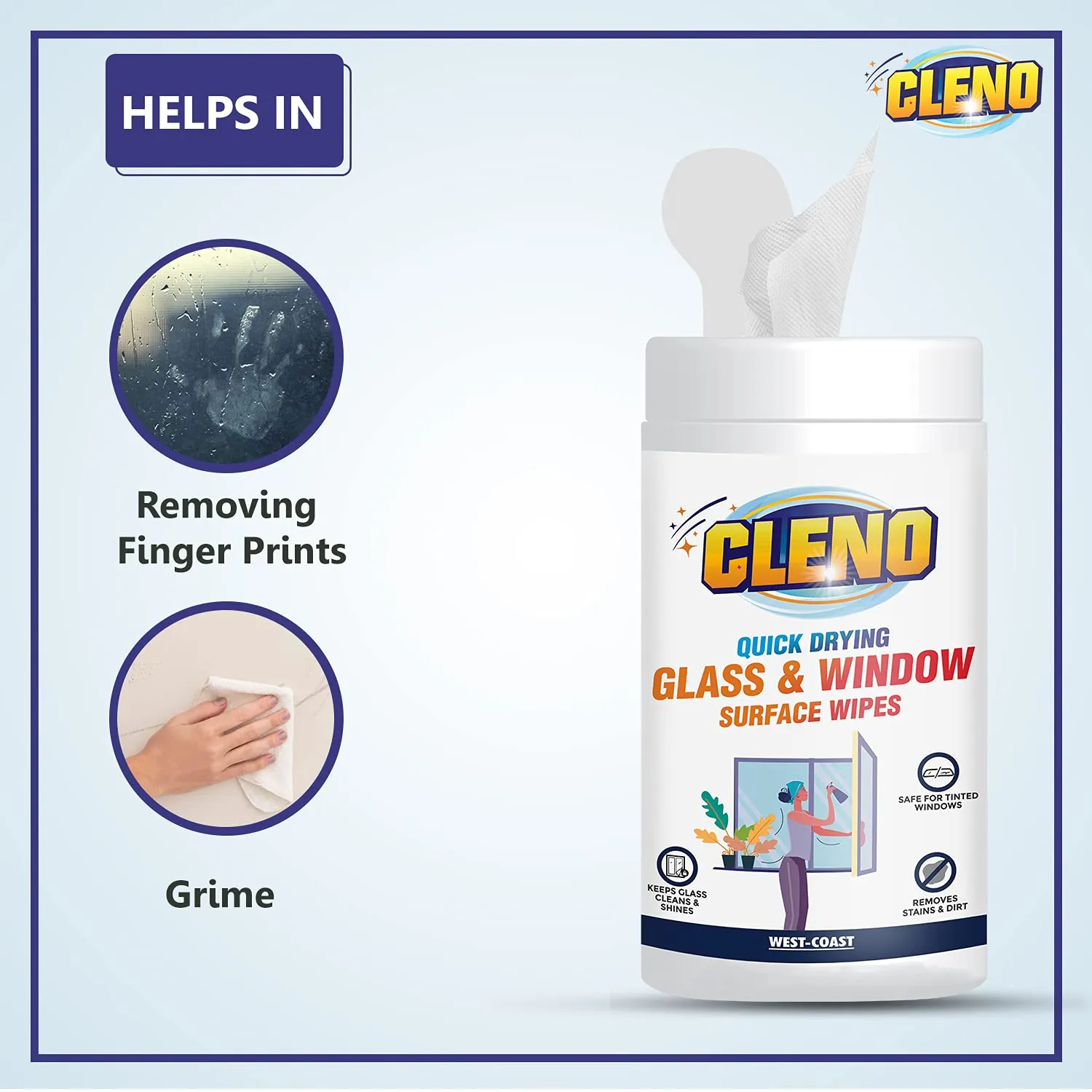 Cleno Quick Drying Glass & Window Surface Wet Wipes for Home, Cars, Mirrors, Tinted Windows, Ammonia & Tint Free - 50 Wipes (Pack of 4) (Ready to Use)