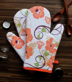 Cotton Orange Flower Oven Gloves Pack Of 2