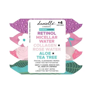 Danielle Creations 4 Pack Facial Cleansing Wipes - Retinol-Micellar Water-Collagen Rosewater-Aloe & TeaTree