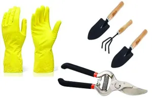 DeoDap Gardening Tools - Reusable Rubber Gloves, Flower Cutter & Garden Tool Wooden Handle (3pcs-Hand Cultivator, Small Trowel, Garden Fork)