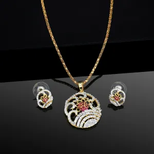 Estele Gold Plated American Diamond and Ruby Flower Shaped Fancy Pendant Set for Women / Girls