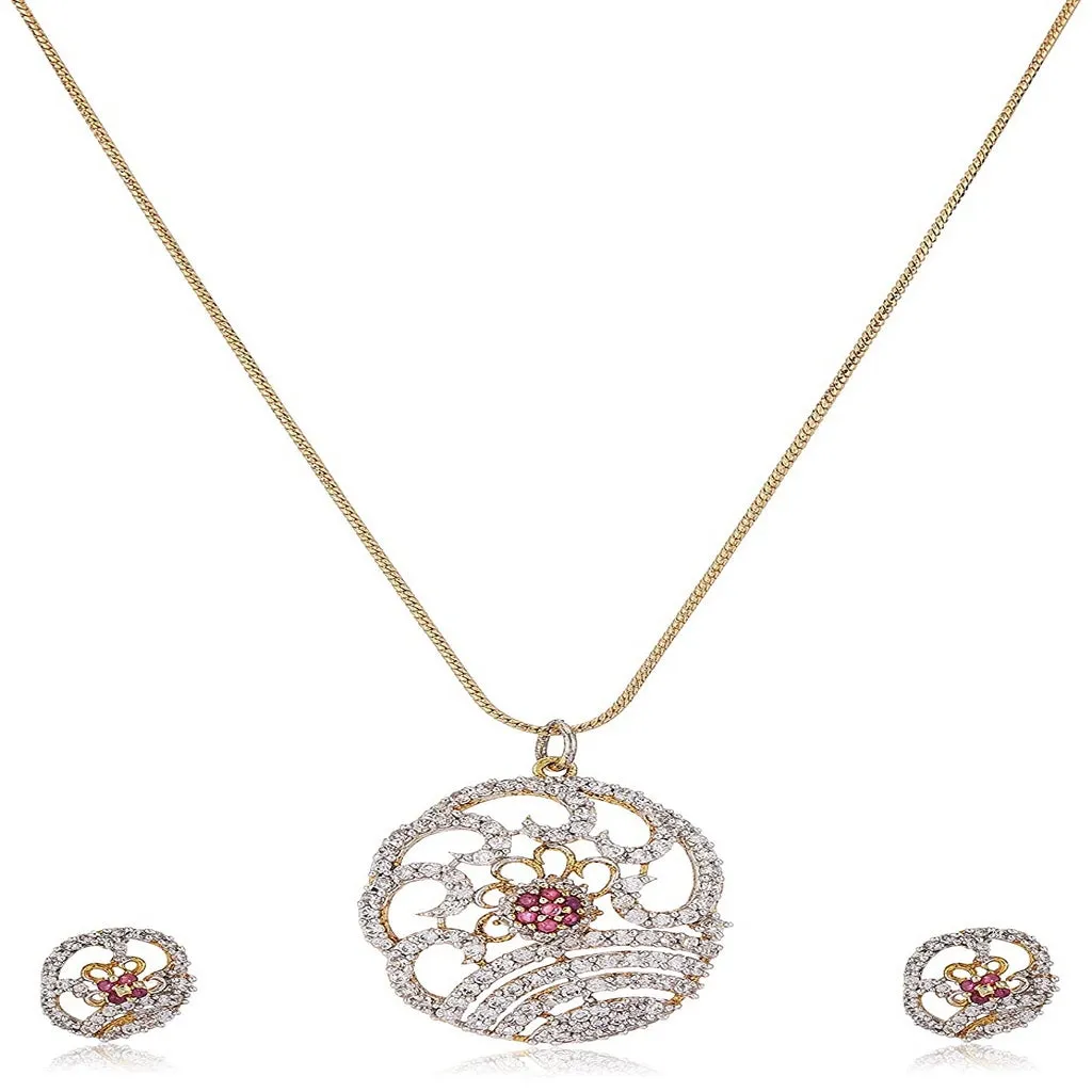 Estele Gold Plated American Diamond and Ruby Flower Shaped Fancy Pendant Set for Women / Girls