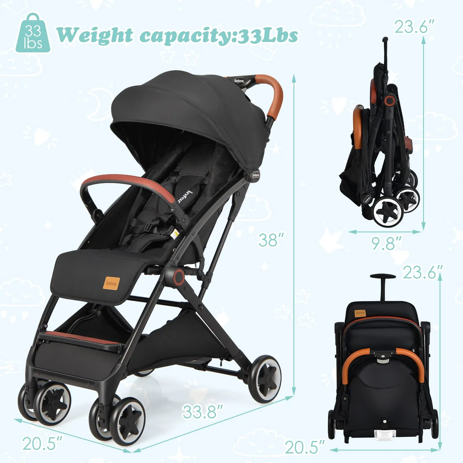 INFANS Lightweight Baby Stroller, Compact Stroller, One-Hand Fold Travel Stroller for Airplane, Infant Stroller for 0-36 Month