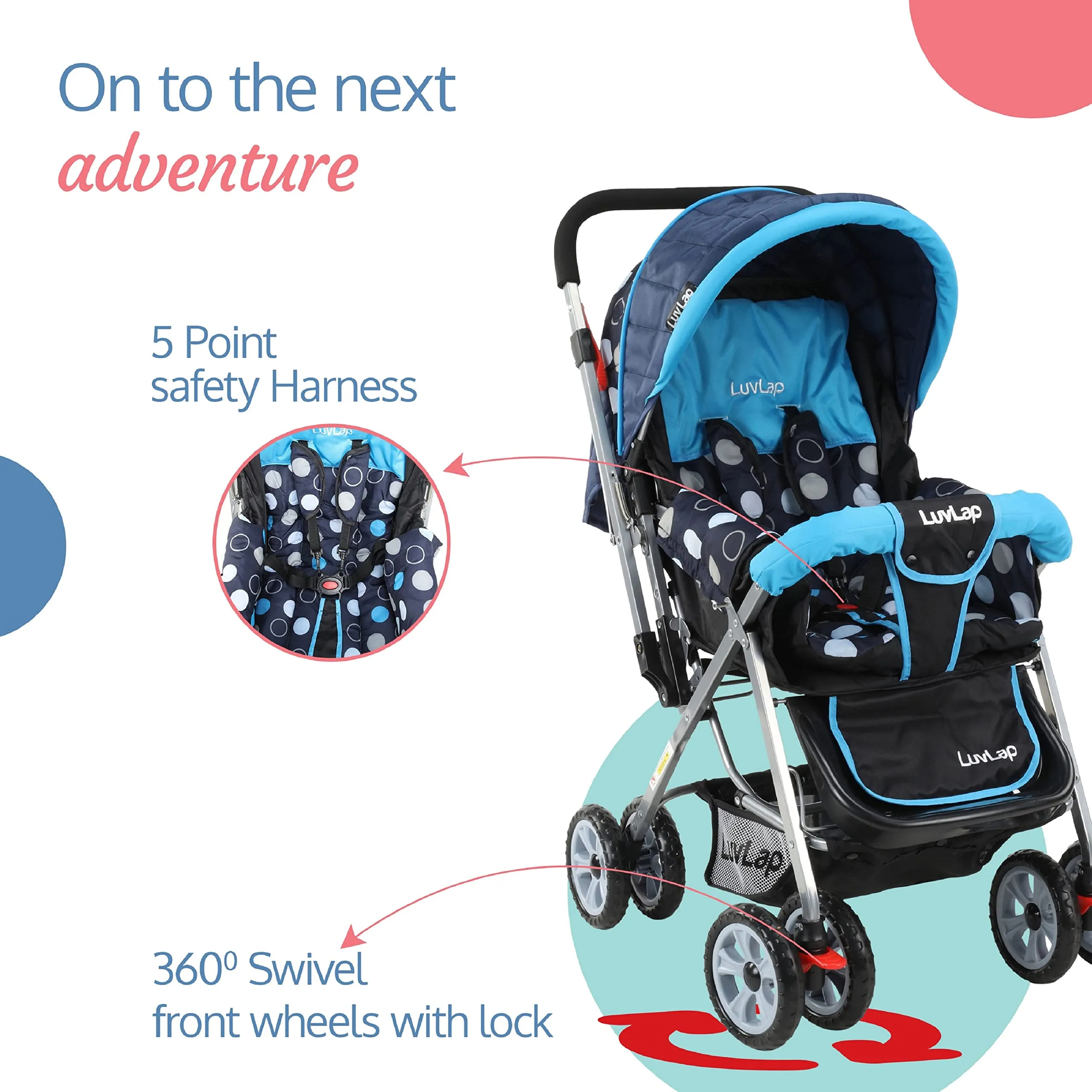 LuvLap Sunshine Baby Stroller / Pram for 0 to 3 Years, New Born / Toddler / Kid, 5 Point Safety Harness, Adjustable backrest, 360° Swivel Wheel, Large storage basket, Reversible Handlebar (Blue)