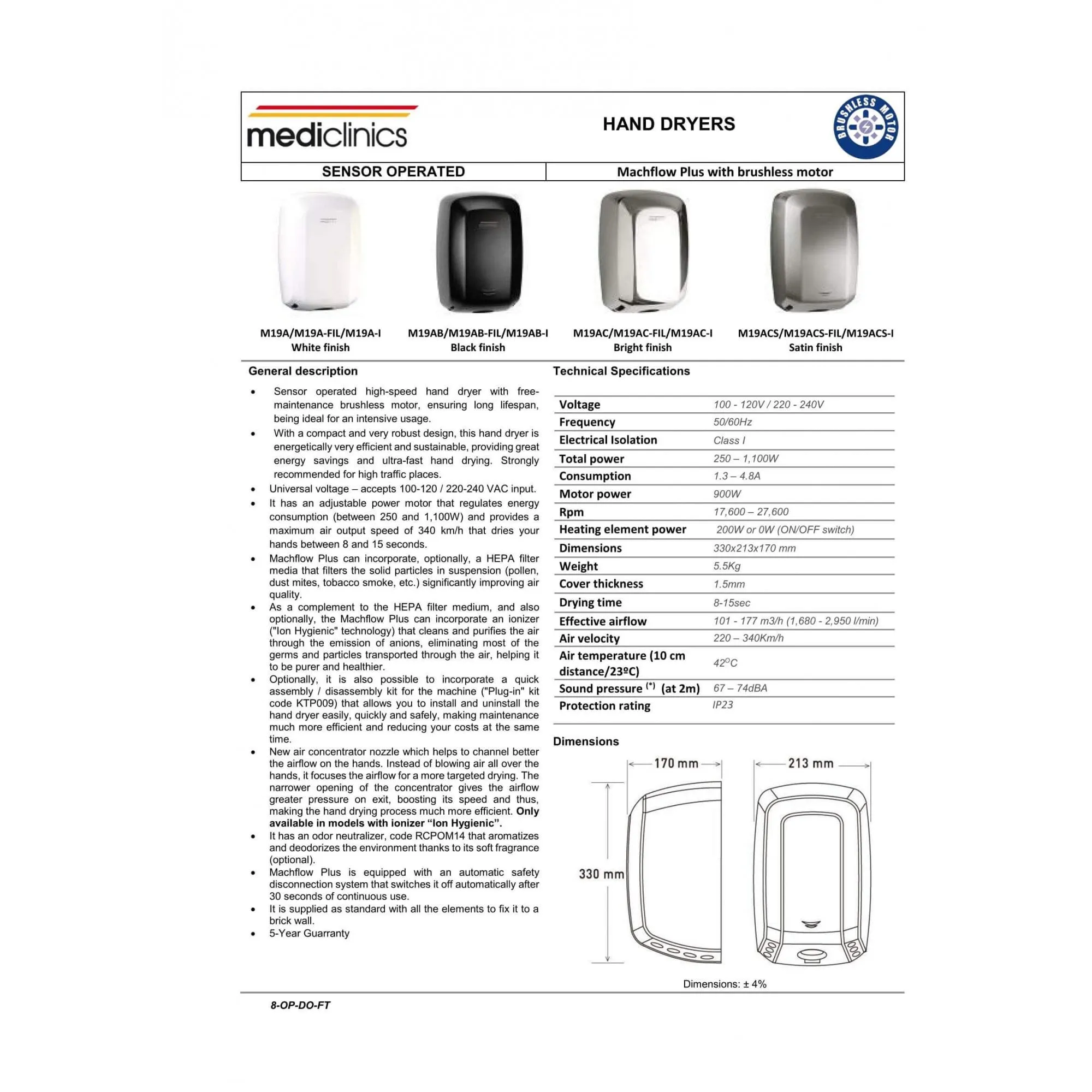 Machflow Plus Brushless Hand Dryer with HEPA filter & Ioniser M19A