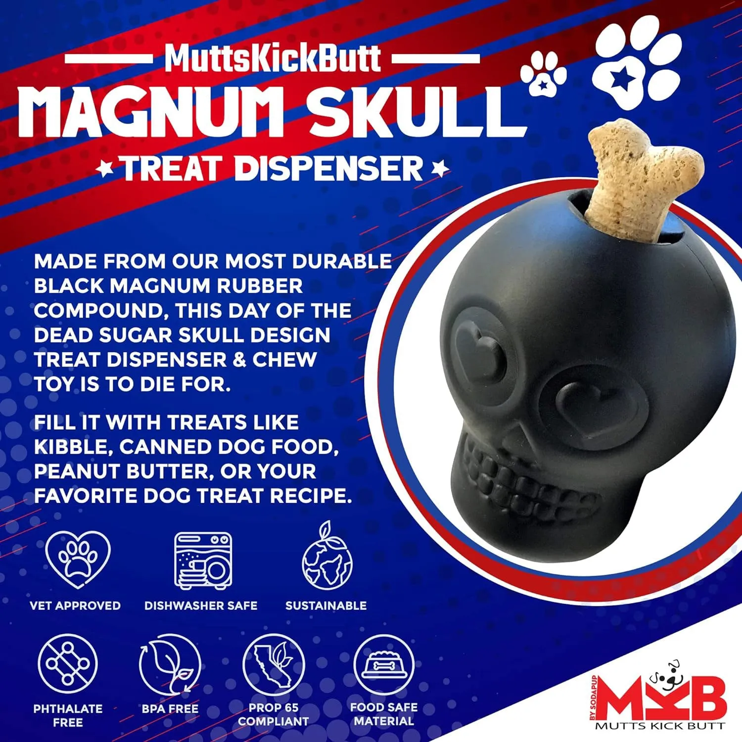 MKB Magnum Sugar Skull Durable Rubber Chew Toy