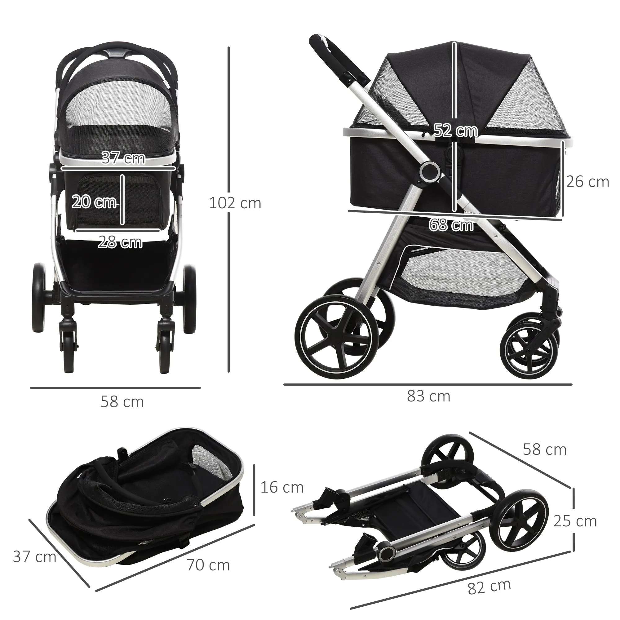 PawHut 3 in 1 One-Click Foldable Pet Stroller