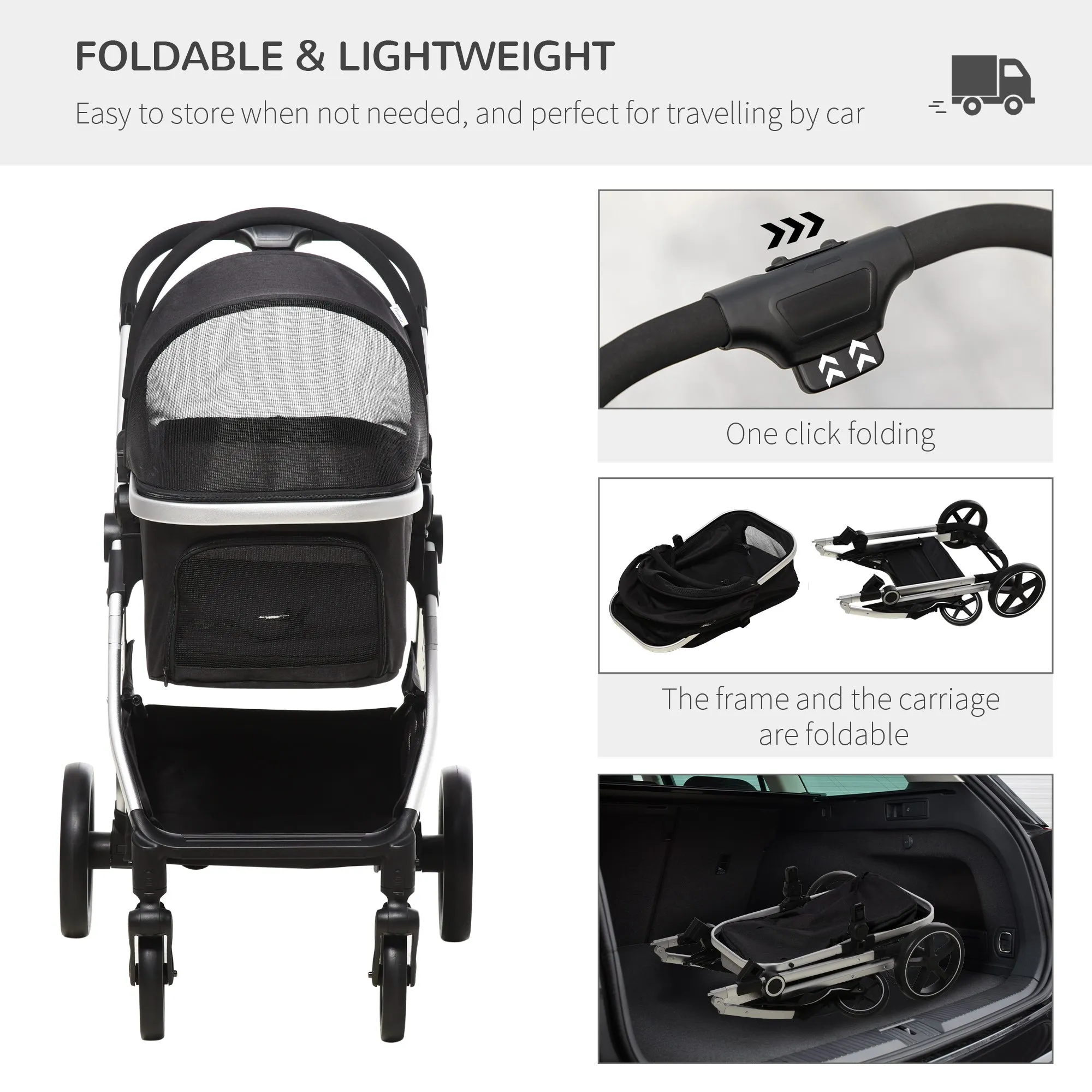 PawHut 3 in 1 One-Click Foldable Pet Stroller