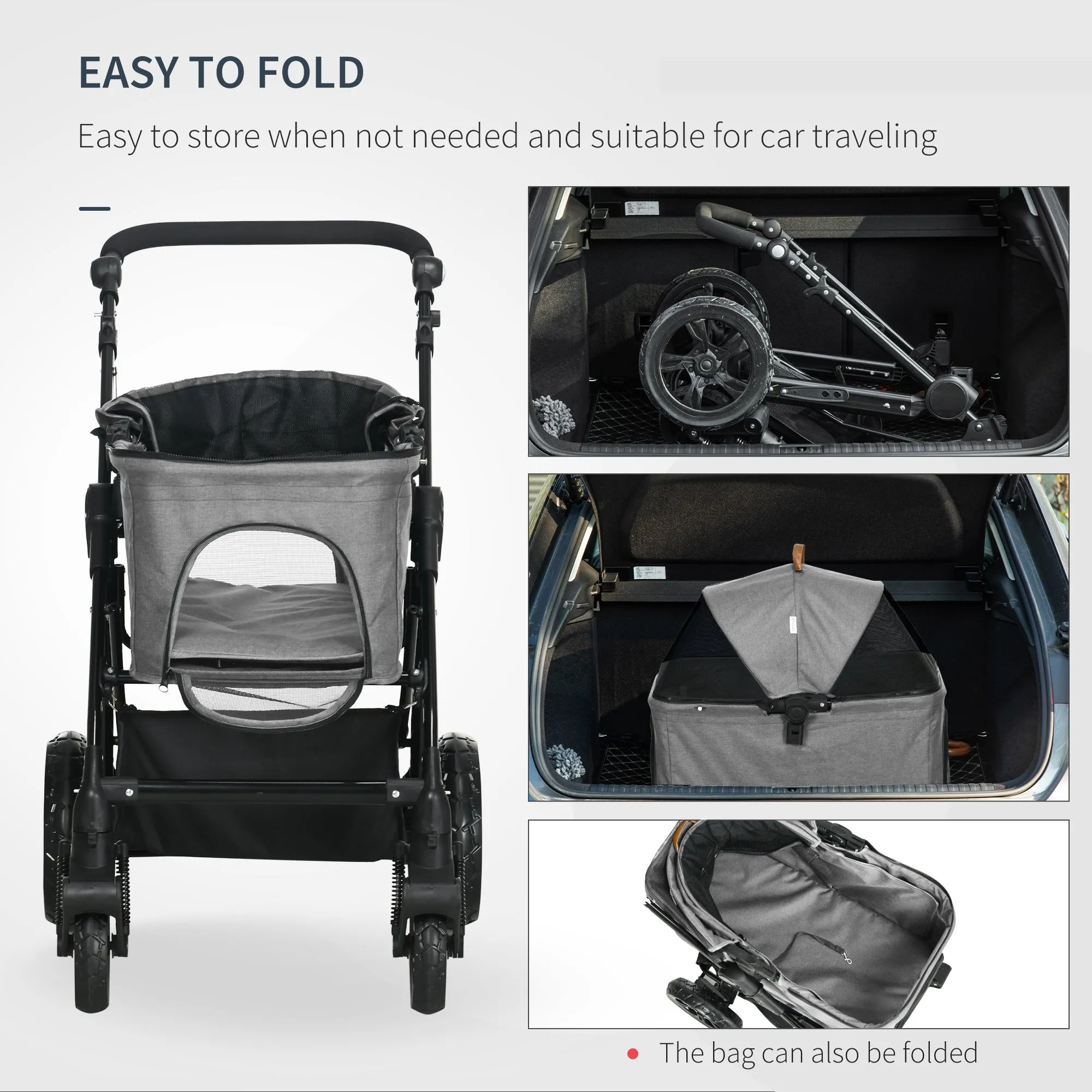 PawHut Dog Stroller Pushchair Detachable Pet Carrier Carrying Bag Foldable Trolley Shock absorbing System Adjustable Handlebar for Small Dogs Grey