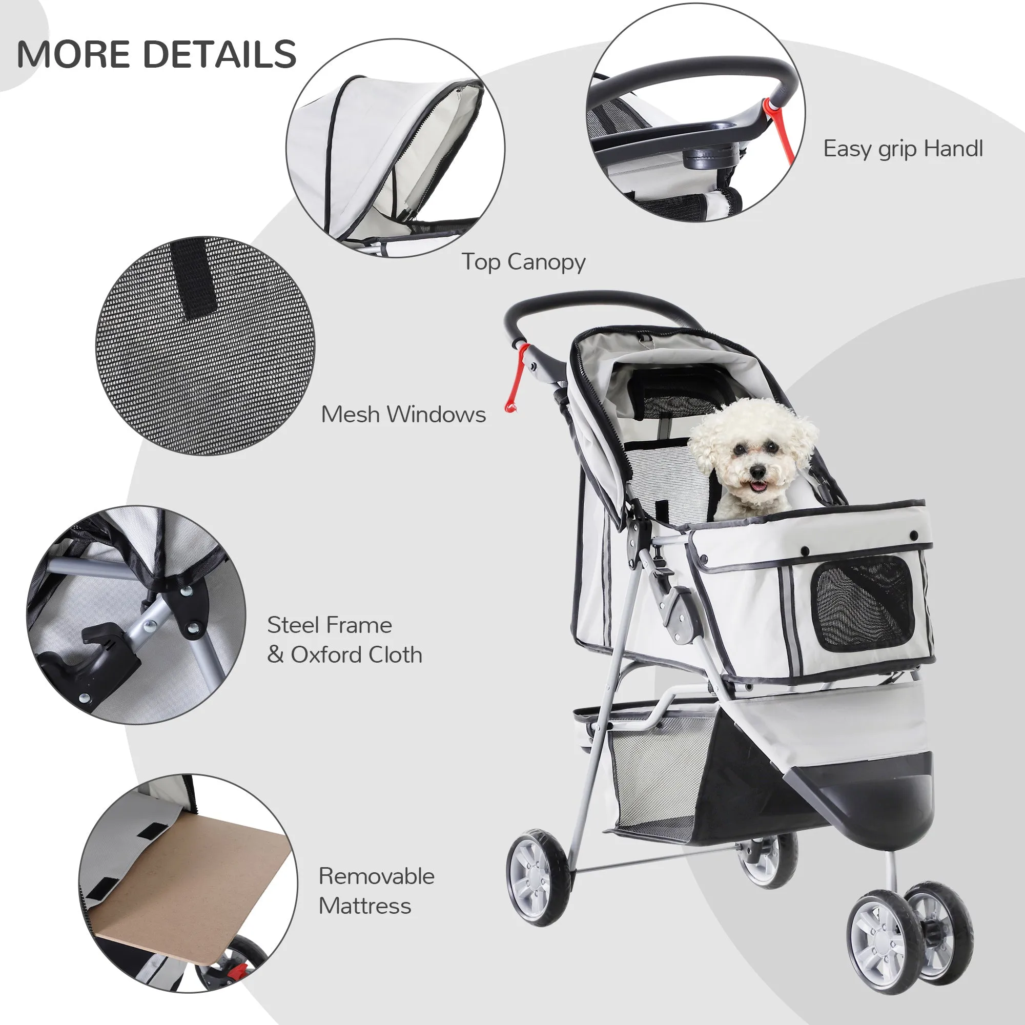 PawHut Pet Travel Stroller Cat Dog Pushchair Trolley Puppy Jogger Carrier Three Wheels for Small Miniature DogsGrey